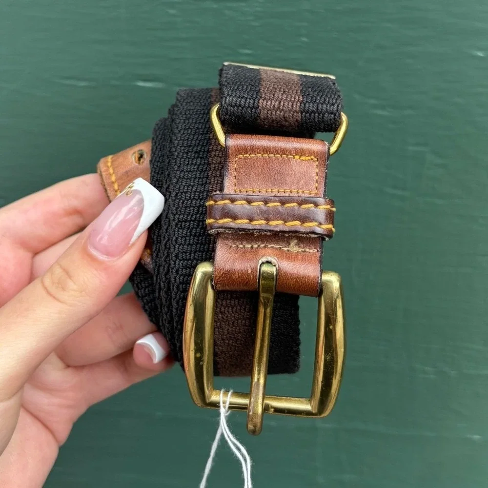 Vintage Brown Black Striped Surcingle Belt Leather Brass Buckle 32-33 Preppy Ivy